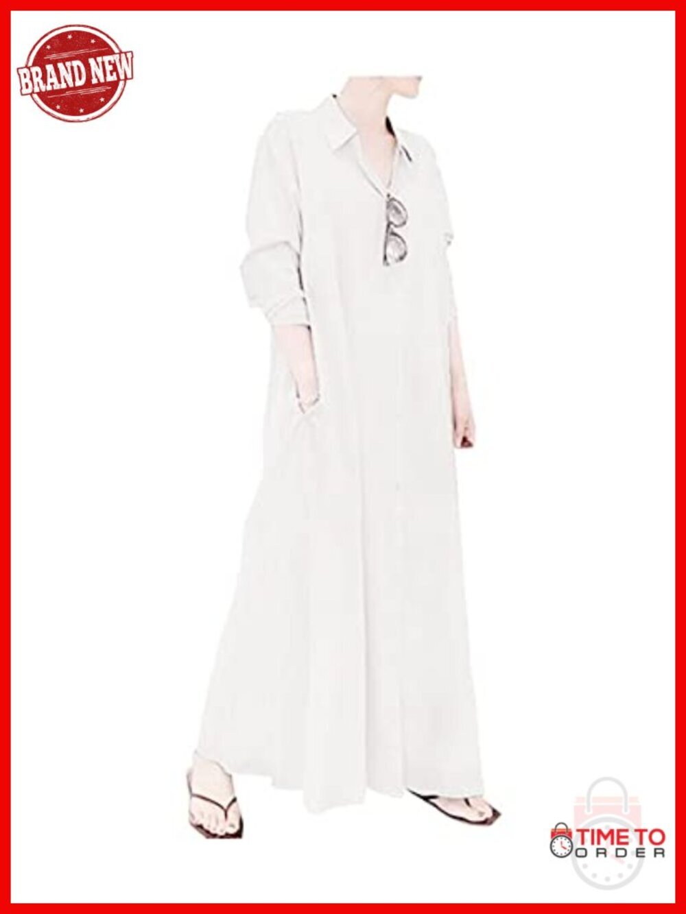 Cotton Linen Maxi Shirt Dress Long Sleeve Button Down Beach Dress with Pockets
